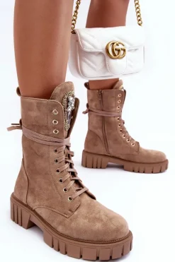 Zamszowe Botki Workery Z Biżuteryjną Ozdobą Ciemnobeżowe Marx