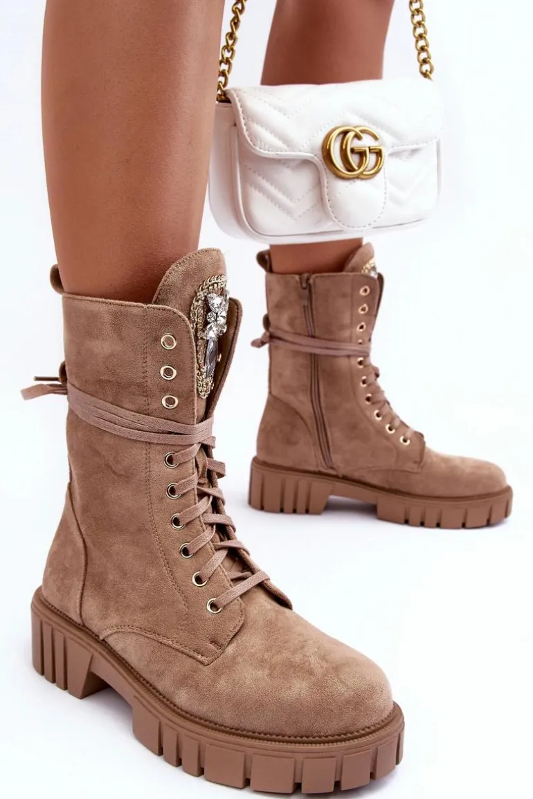 Zamszowe Botki Workery Z Biżuteryjną Ozdobą Ciemnobeżowe Marx