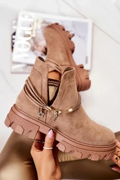 Zamszowe Botki Workery Z Paskami Beżowe Moriah