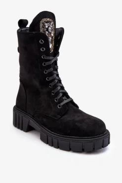 Zamszowe Botki Workery Z Biżuteryjną Ozdobą Czarne Marx