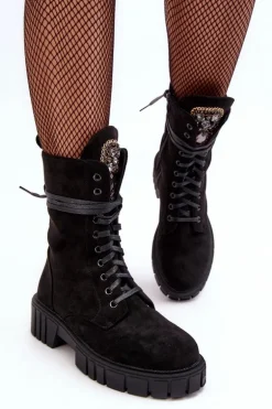 Zamszowe Botki Workery Z Biżuteryjną Ozdobą Czarne Marx