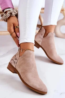 Zamszowe Botki Wężowy Wzór Beżowe Stephanie