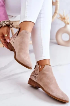 Zamszowe Botki Wężowy Wzór Beżowe Stephanie