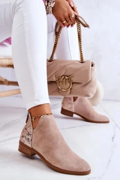 Zamszowe Botki Wężowy Wzór Beżowe Stephanie