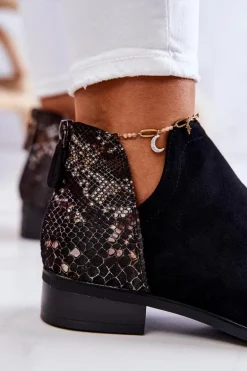 Zamszowe Botki Wężowy Wzór Czarne Stephanie