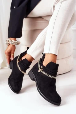Zamszowe Botki Z Łańcuszkiem Czarne Elvira