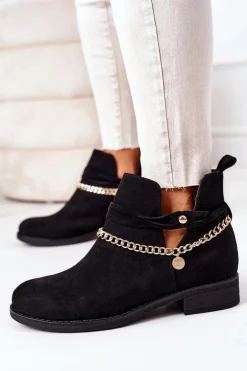 Zamszowe Botki Z Łańcuszkiem Czarne Elvira