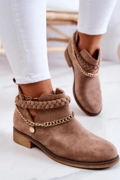 Zamszowe Botki Z Łańcuszkiem Brązowe Talitha