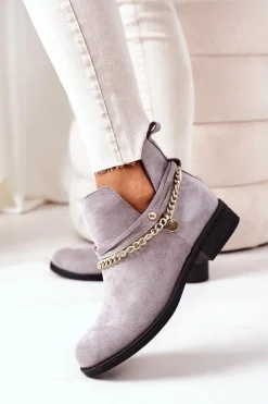 Zamszowe Botki Z Łańcuszkiem Szare Elvira
