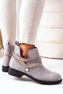 Zamszowe Botki Z Łańcuszkiem Szare Elvira