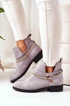 Zamszowe Botki Z Łańcuszkiem Szare Elvira