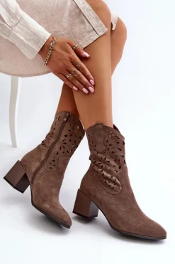 Zamszowe Botki Z Ażurową Cholewką Na Klocku Brązowe Irvelame