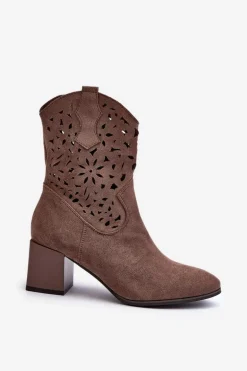 Zamszowe Botki Z Ażurową Cholewką Na Klocku Brązowe Irvelame