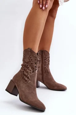 Zamszowe Botki Z Ażurową Cholewką Na Klocku Brązowe Irvelame