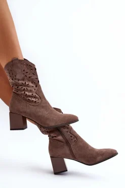 Zamszowe Botki Z Ażurową Cholewką Na Klocku Brązowe Irvelame