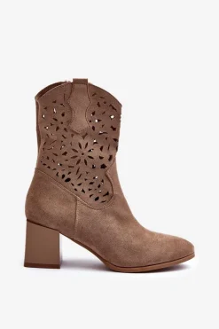 Zamszowe Botki Z Ażurową Cholewką Na Klocku Ciemnobeżowe Irvelame