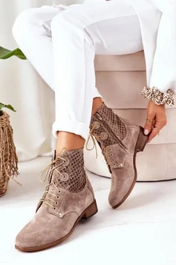 Zamszowe Botki Z Ażurowym Wzorem Cappuccino Josie