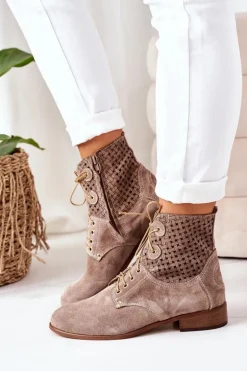 Zamszowe Botki Z Ażurowym Wzorem Cappuccino Josie