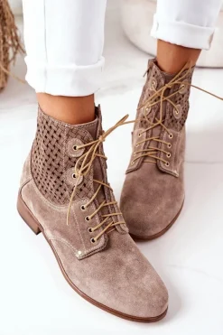 Zamszowe Botki Z Ażurowym Wzorem Cappuccino Josie