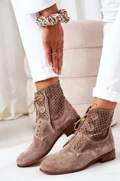 Zamszowe Botki Z Ażurowym Wzorem Cappuccino Josie