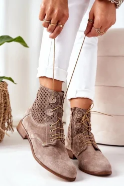 Zamszowe Botki Z Ażurowym Wzorem Cappuccino Josie