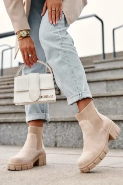 Zamszowe Botki Z Elastyczną Wstawką Beżowe Anyfer