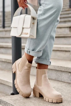 Zamszowe Botki Z Elastyczną Wstawką Beżowe Anyfer