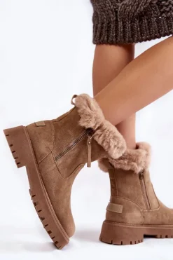 Zamszowe Botki Z Futerkiem Na Suwak Beżowe Rezan
