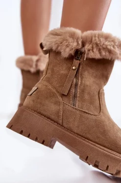Zamszowe Botki Z Futerkiem Na Suwak Beżowe Rezan