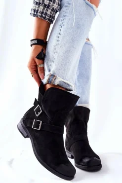 Zamszowe Botki Z Klamrami Czarne Renisse