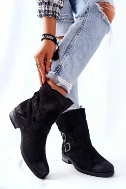 Zamszowe Botki Z Klamrami Czarne Renisse