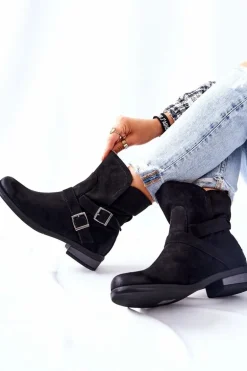 Zamszowe Botki Z Klamrami Czarne Renisse