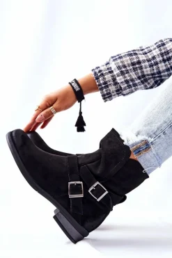 Zamszowe Botki Z Klamrami Czarne Renisse