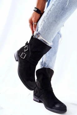 Zamszowe Botki Z Klamrami Czarne Renisse