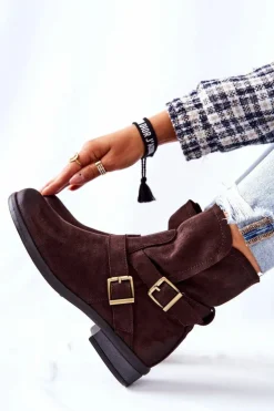 Zamszowe Botki Z Klamrami Brązowe Renisse