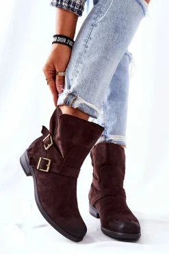 Zamszowe Botki Z Klamrami Brązowe Renisse