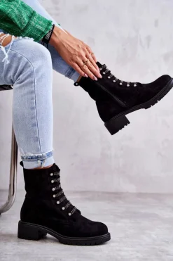 Zamszowe Botki Z Ozdobnymi Paskami Czarne Malesia