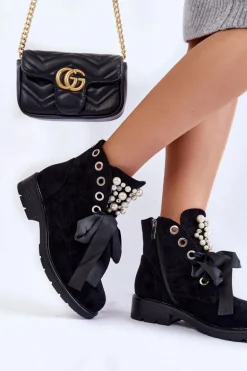 Zamszowe Botki Z Perełkami I Wstążką Czarne Perla