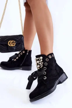 Zamszowe Botki Z Perełkami I Wstążką Czarne Perla