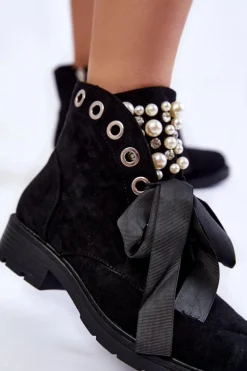 Zamszowe Botki Z Perełkami I Wstążką Czarne Perla