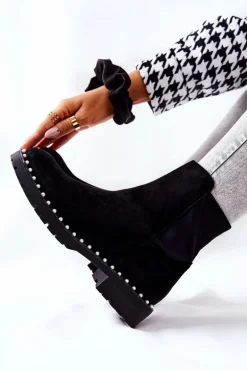 Zamszowe Botki Z Perełkami Czarne Venie