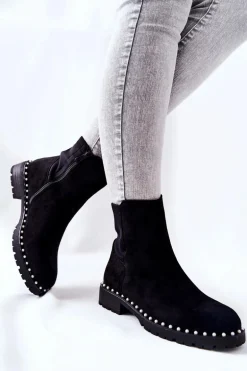 Zamszowe Botki Z Perełkami Czarne Venie