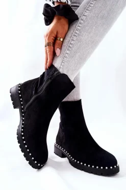 Zamszowe Botki Z Perełkami Czarne Venie
