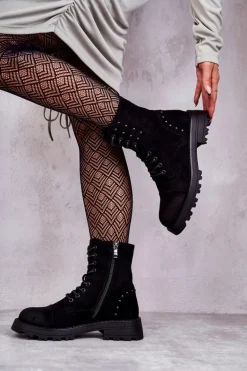 Zamszowe Botki Z Ćwiekami Czarne Palmira