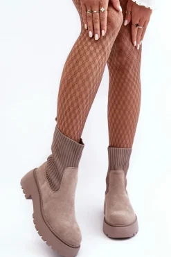 Zamszowe Botki Ze Skarpetą Na Platformie I Płaskim Obcasie Ciemnobeżowe Rewam