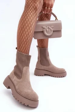 Zamszowe Botki Ze Skarpetą Na Platformie I Płaskim Obcasie Ciemnobeżowe Rewam