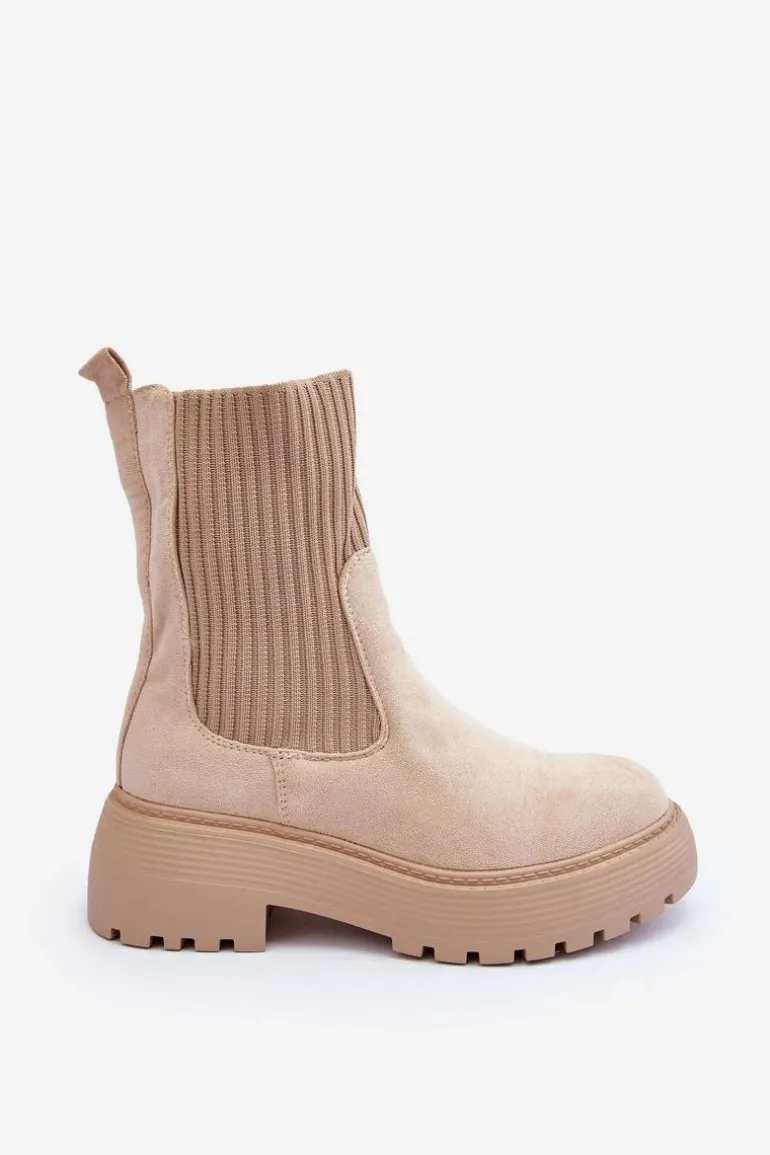 Zamszowe Botki Ze Skarpetą Na Platformie I Płaskim Obcasie Beżowe Rewam