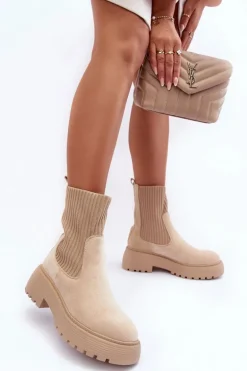 Zamszowe Botki Ze Skarpetą Na Platformie I Płaskim Obcasie Beżowe Rewam
