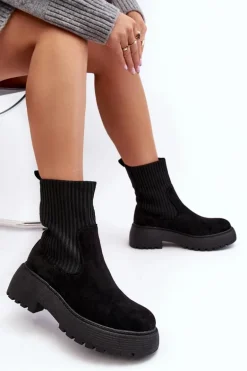 Zamszowe Botki Ze Skarpetą Na Platformie I Płaskim Obcasie Czarne Rewam