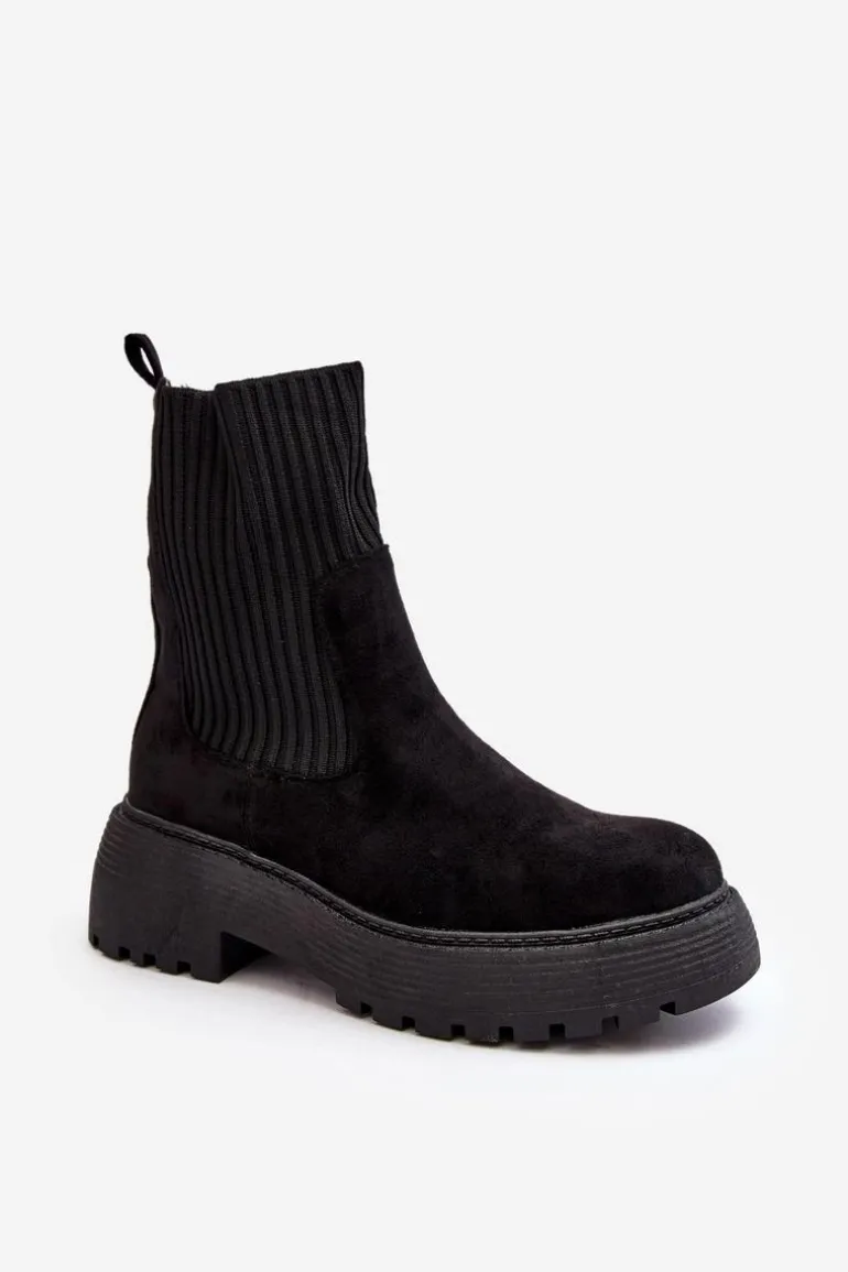 Zamszowe Botki Ze Skarpetą Na Platformie I Płaskim Obcasie Czarne Rewam